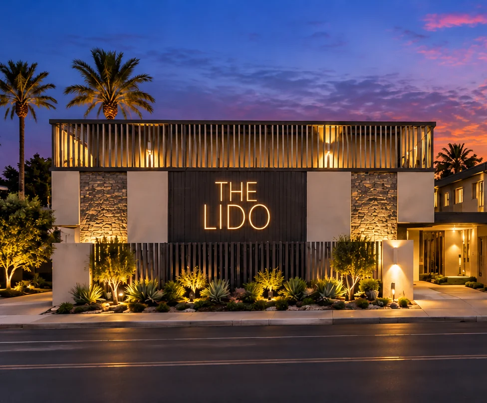 The Lido apartment community exterior at 14724 Inglewood Avenue in Lawndale at dusk